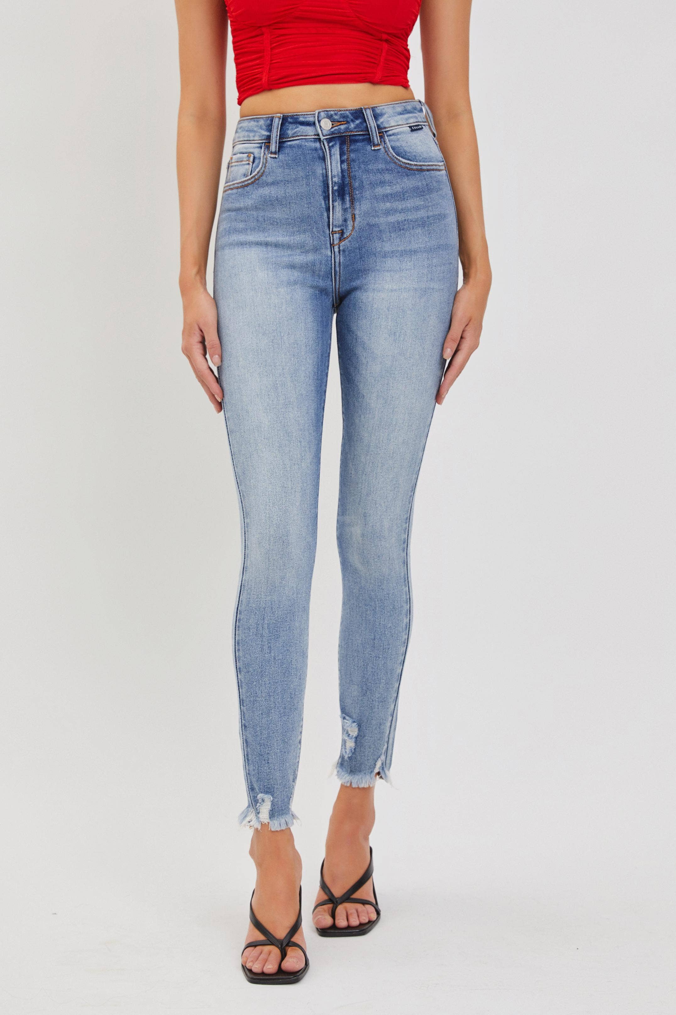 Cello Jeans- Medium High Rise Ankle Skinny with Frayed Hem (Sizes 1-13)