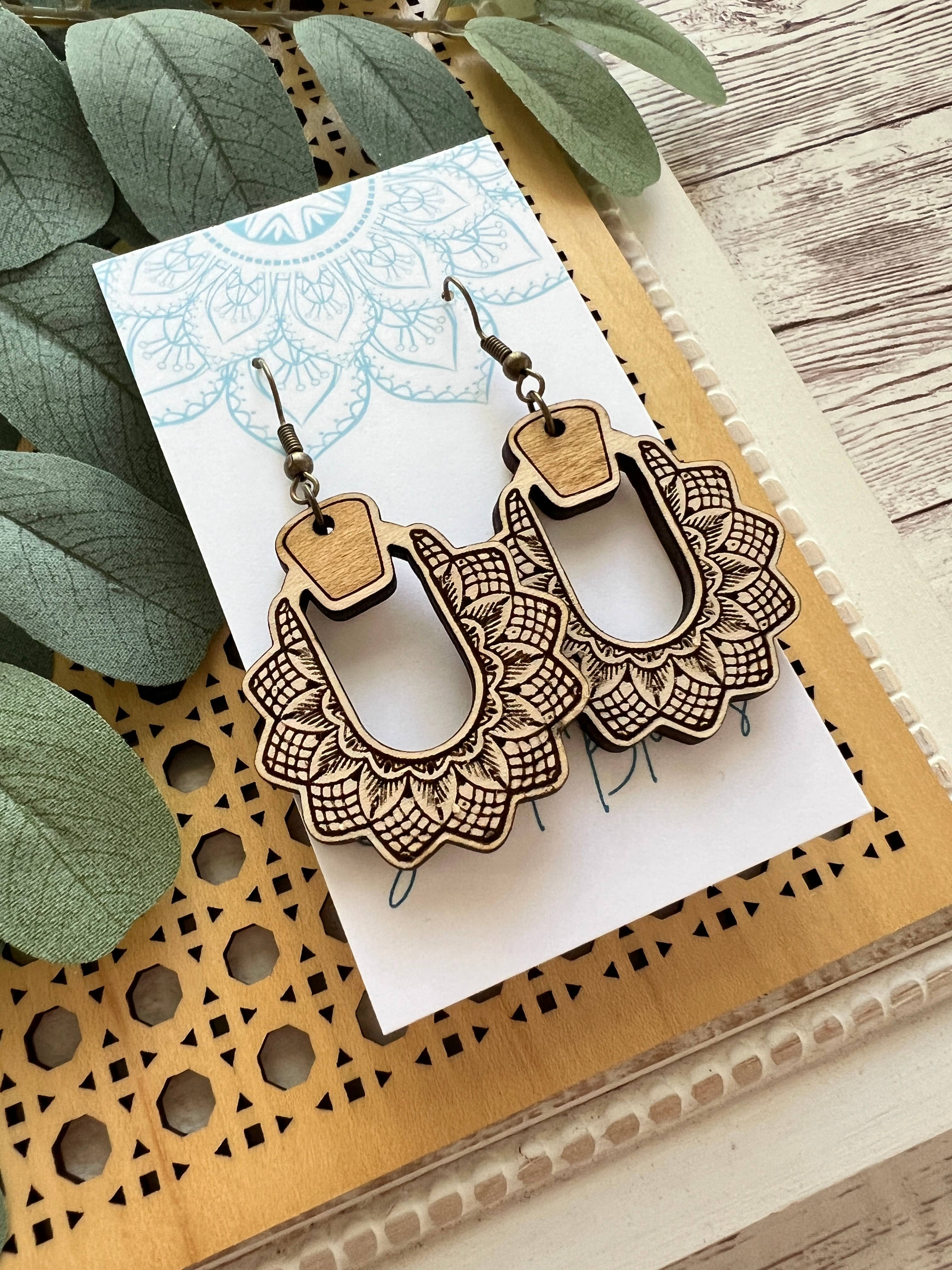 Boho hand painted lightweight maple wood earrings 