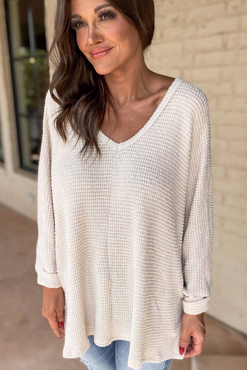 The Emmie Waffle Weave V-Neck Top (S-2X)(Runs Roomy!)