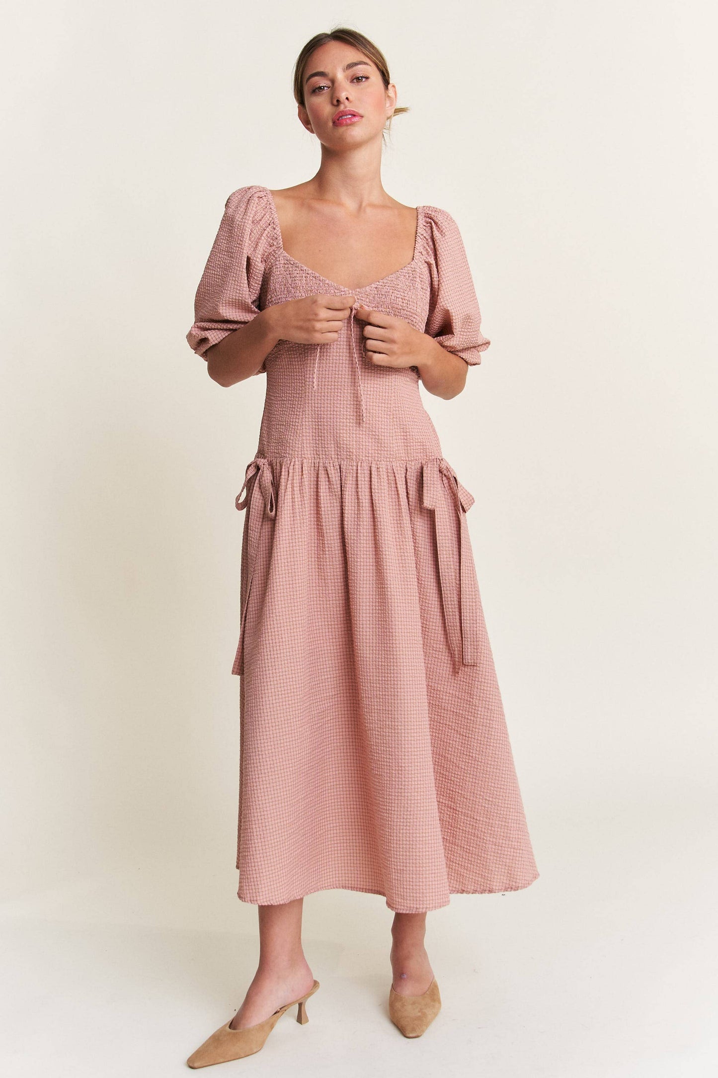 SALE! In the Beginning - Dust Pink Bow Detail Smocked Midi Dress (S-L)