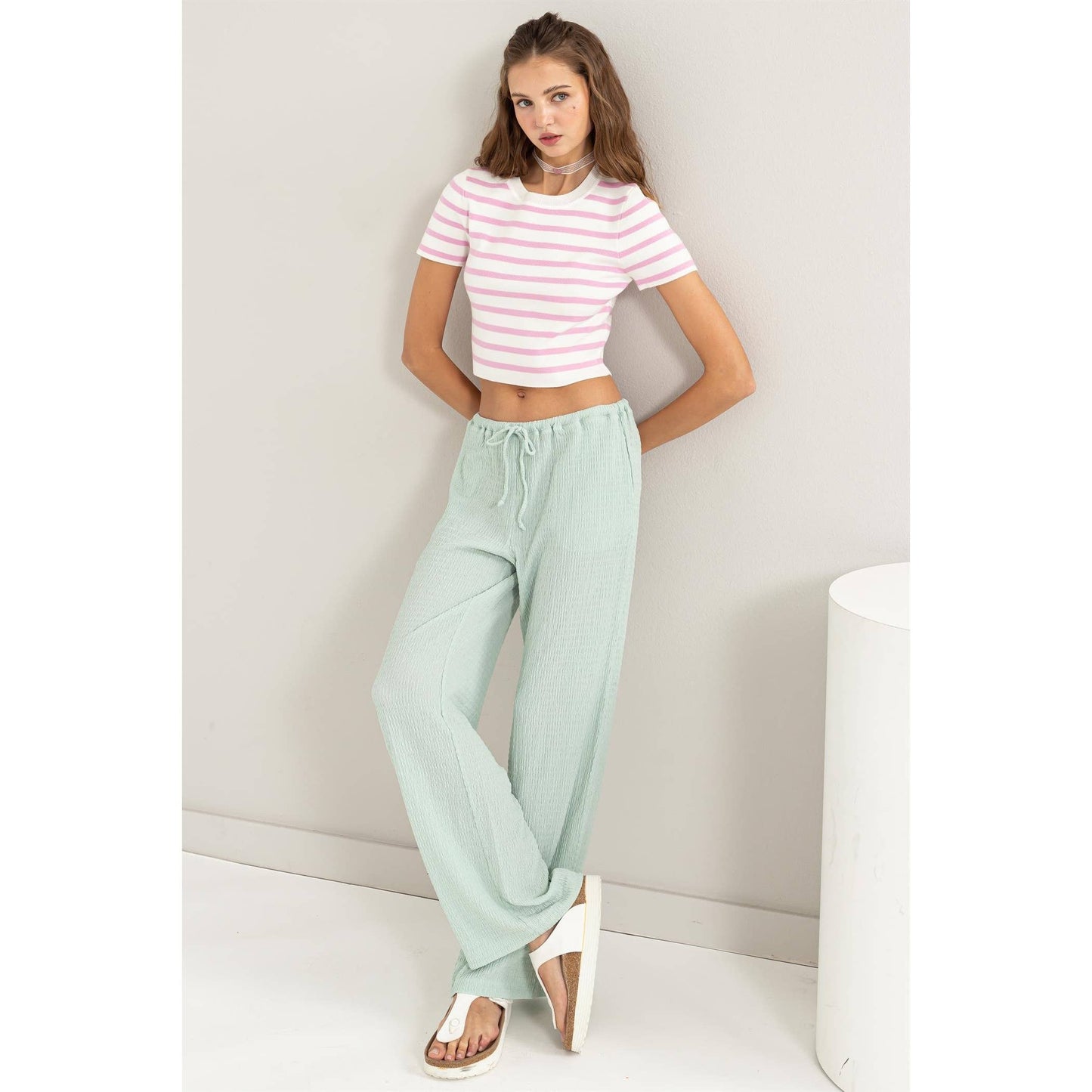 Crinkle Knit Wide Leg Drawstring Pants (S-L)