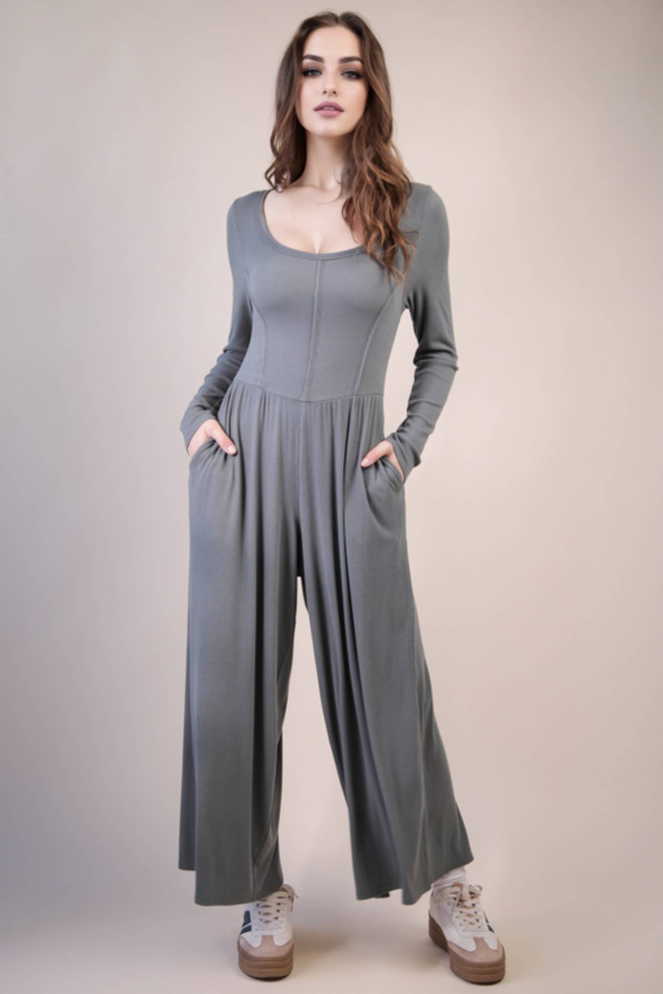 The Diana Wide Leg Solid Knit Casual Jumpsuit (S-L)