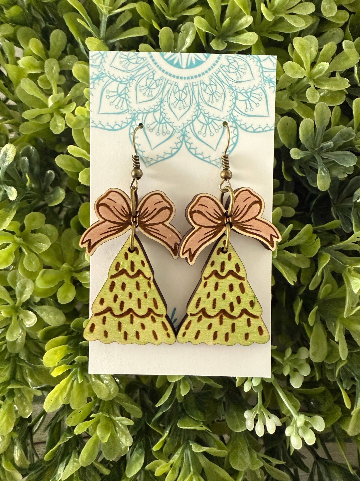 SALE! Christmas tree hand painted maple wood earrings