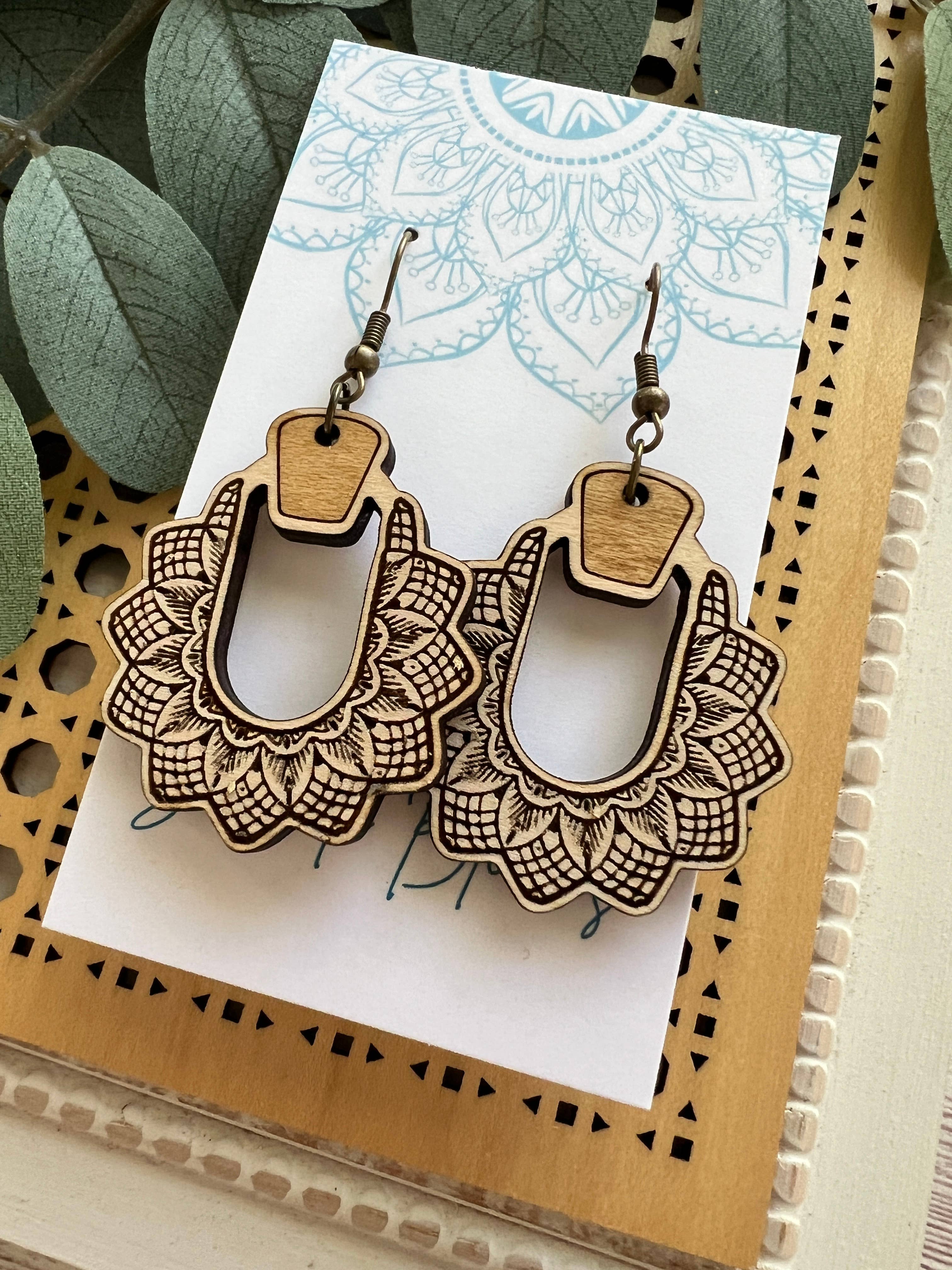 Boho hand painted lightweight maple wood earrings 