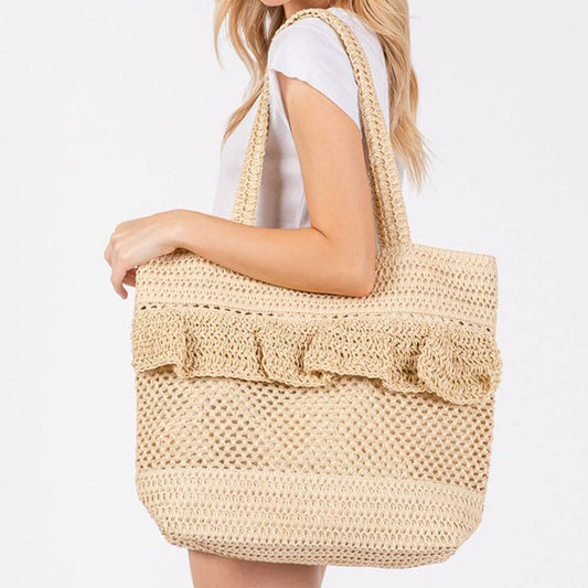 RUFFLE DETAIL CROCHET STRAW BAG