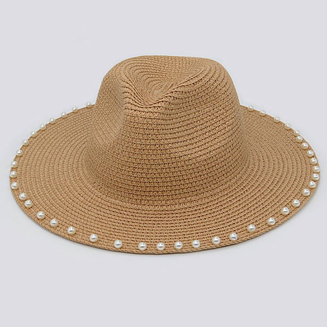 Adjustable Beaded straw hat w/ Pearls (Tan)