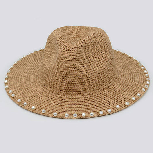 Adjustable Beaded straw hat w/ Pearls (Tan)