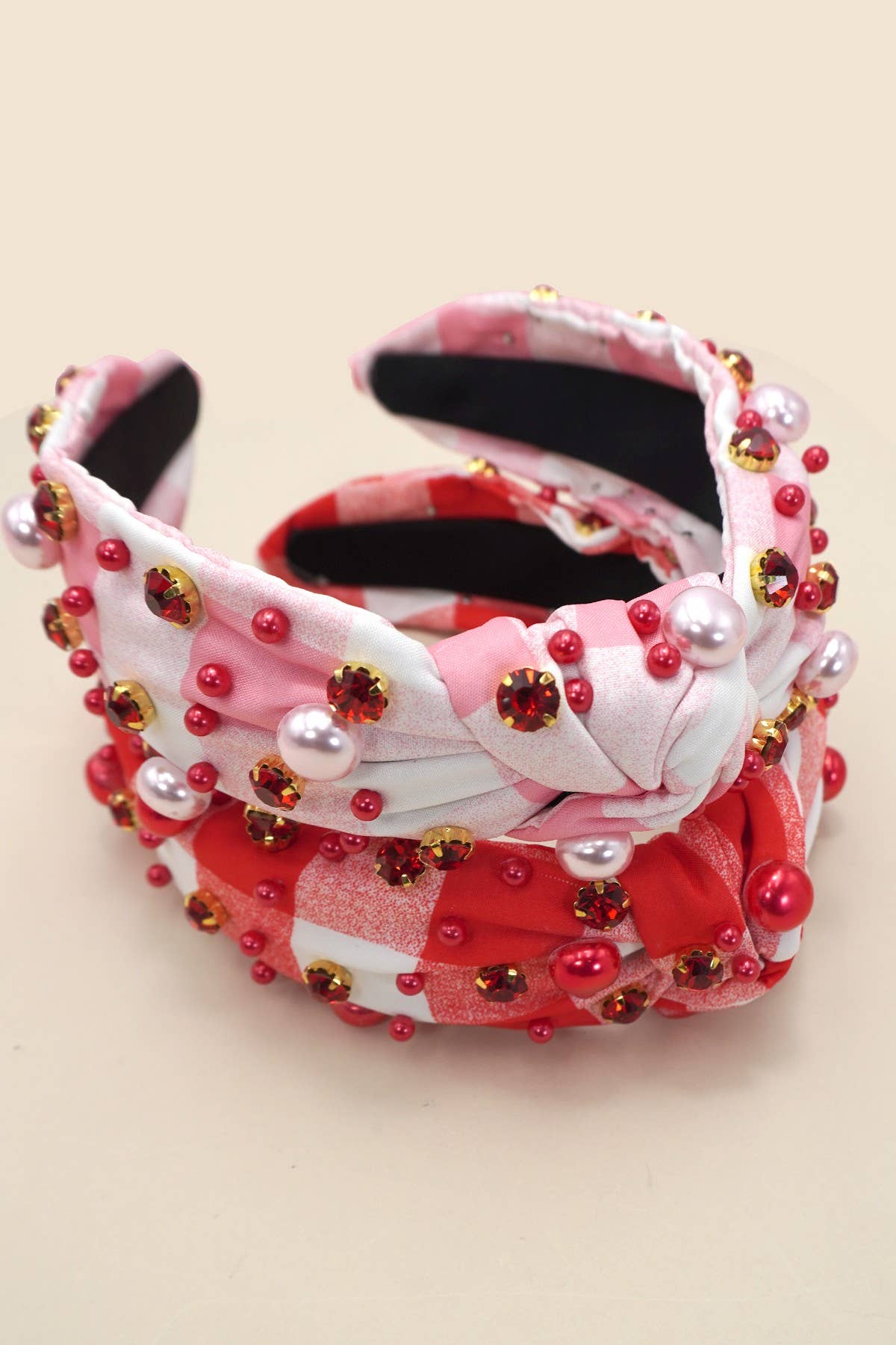 PLAID BEADED WIDE KNOTTED HEADBAND (Pink or Red)