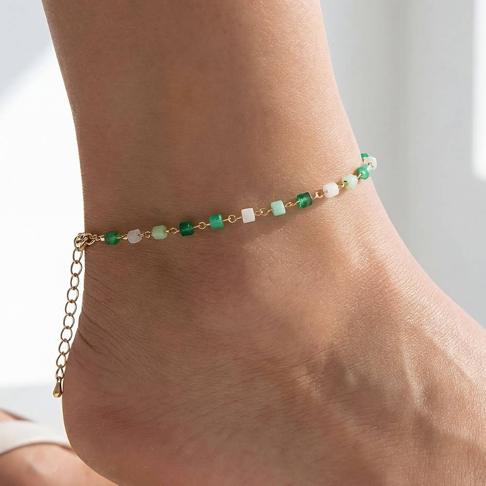 Faceted Mini Cube Beads Station Chain Anklet (3 Color Options)