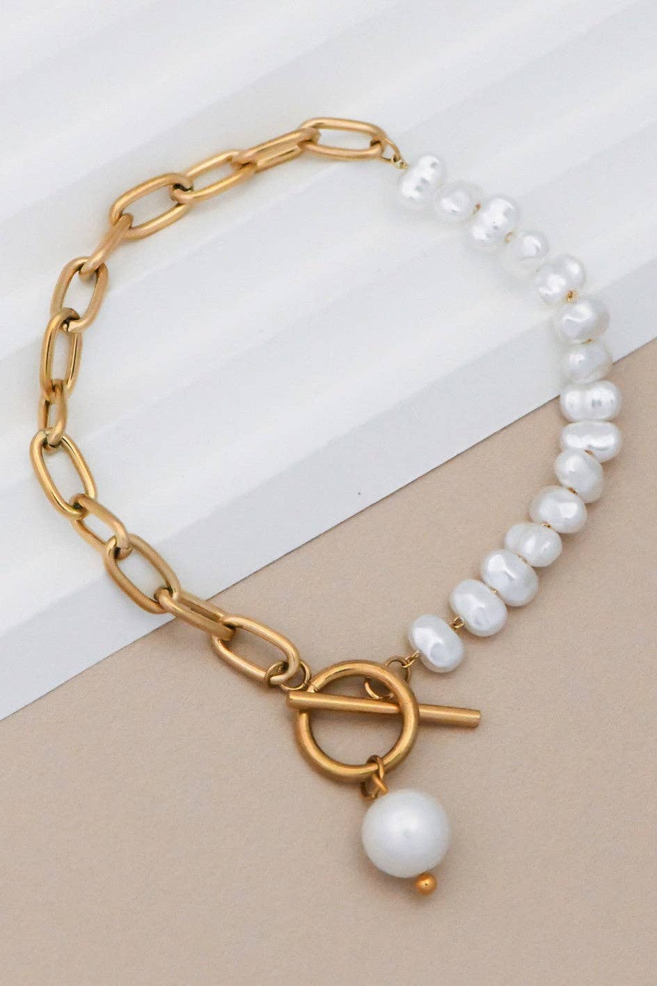 18K Gold Plated Waterproof Stainless Steel Chain + Pearls Bracelet