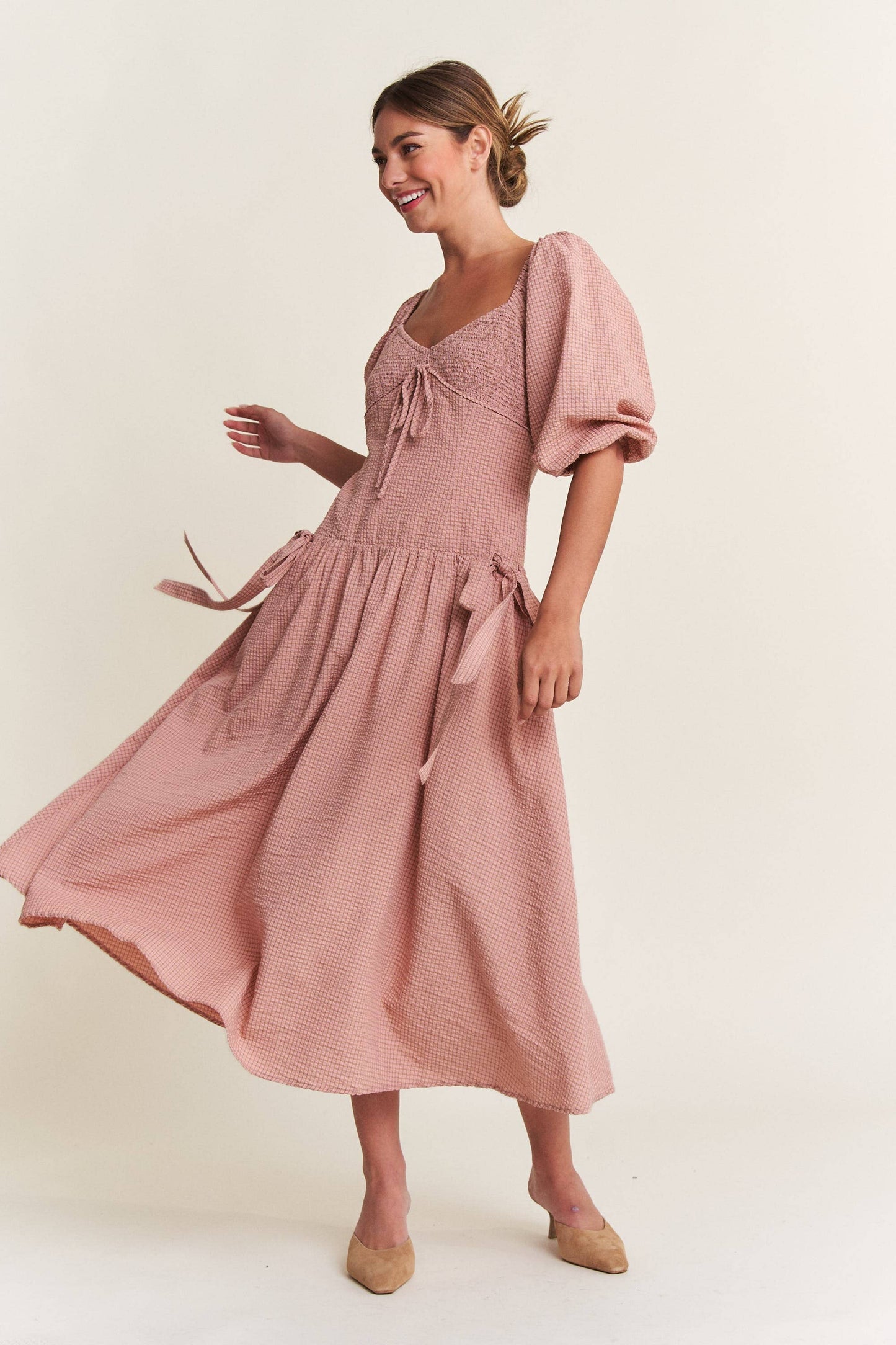 SALE! In the Beginning - Dust Pink Bow Detail Smocked Midi Dress (S-L)