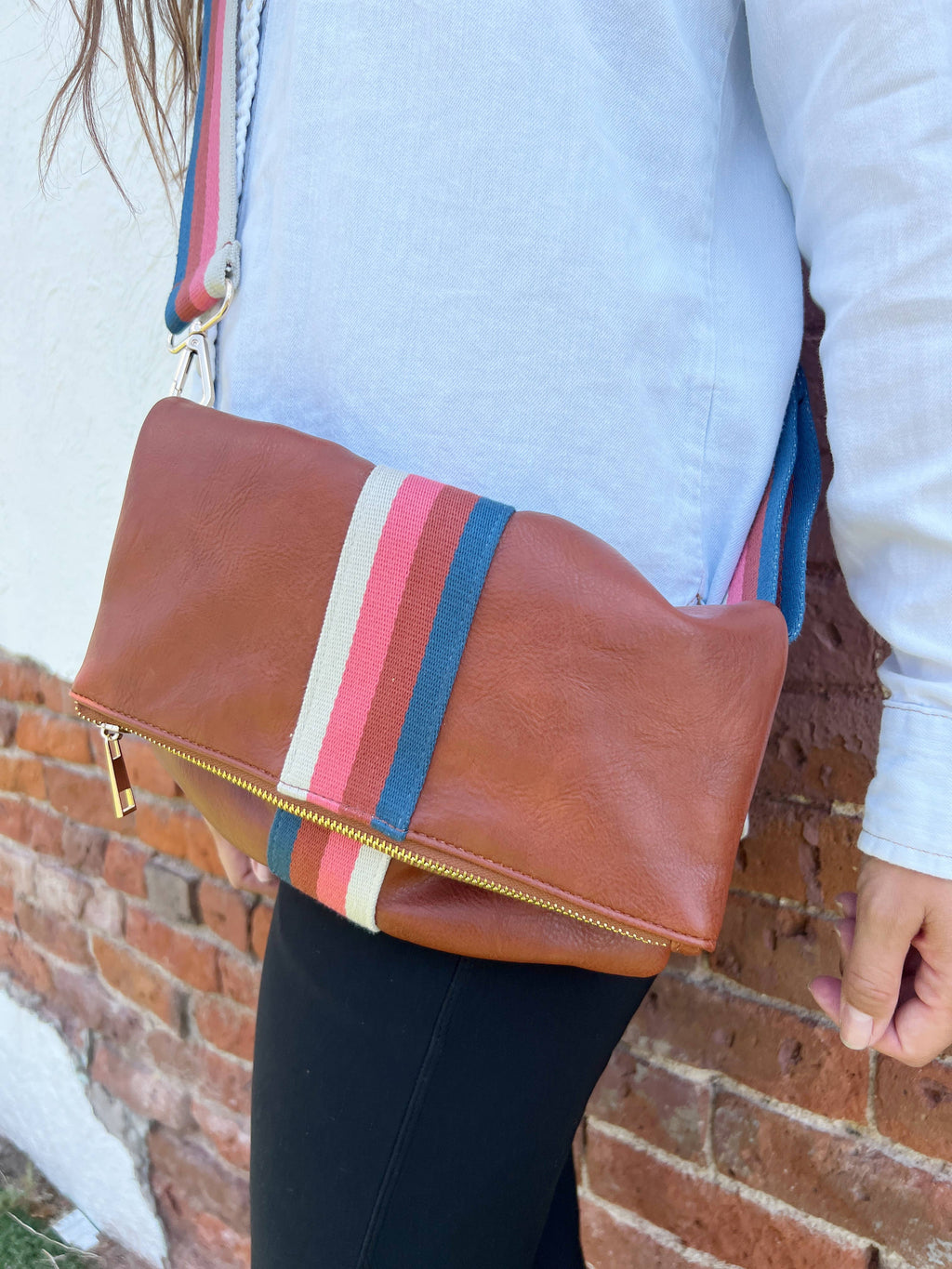 SALE! Cognac Stripe crossbody/ bum fanny bag / clutch w/ strap