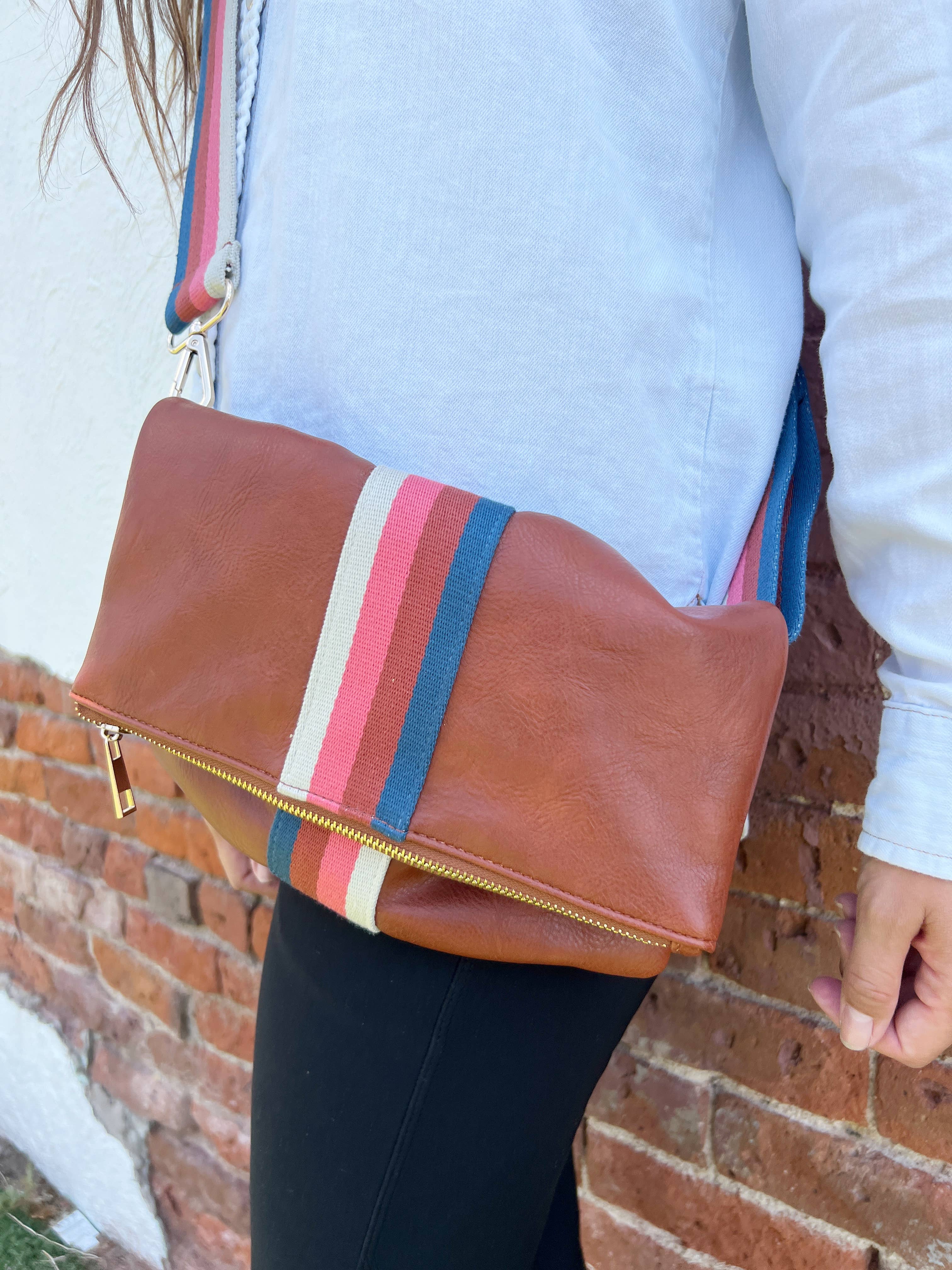 SALE! Cognac Stripe crossbody/ bum fanny bag / clutch w/ strap