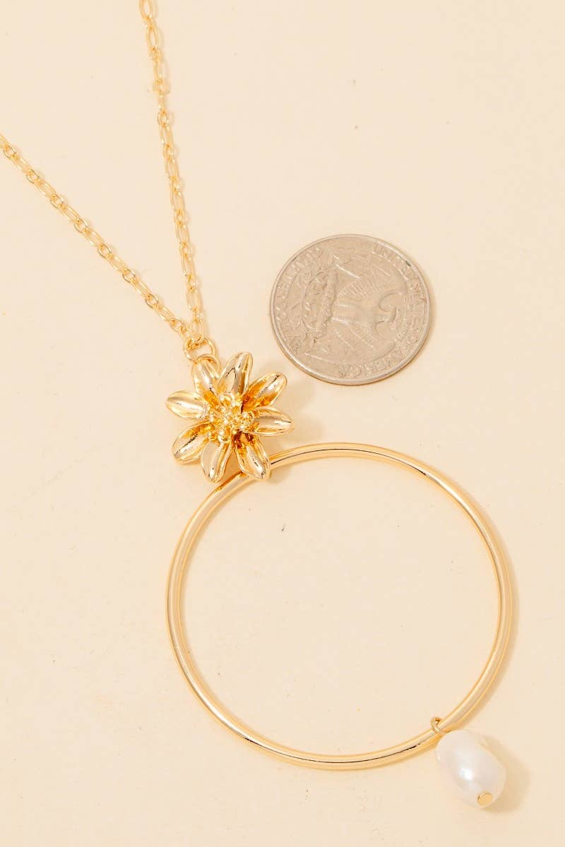 Flower Pearl And Large Hoop Pendant Layered Necklace Set
