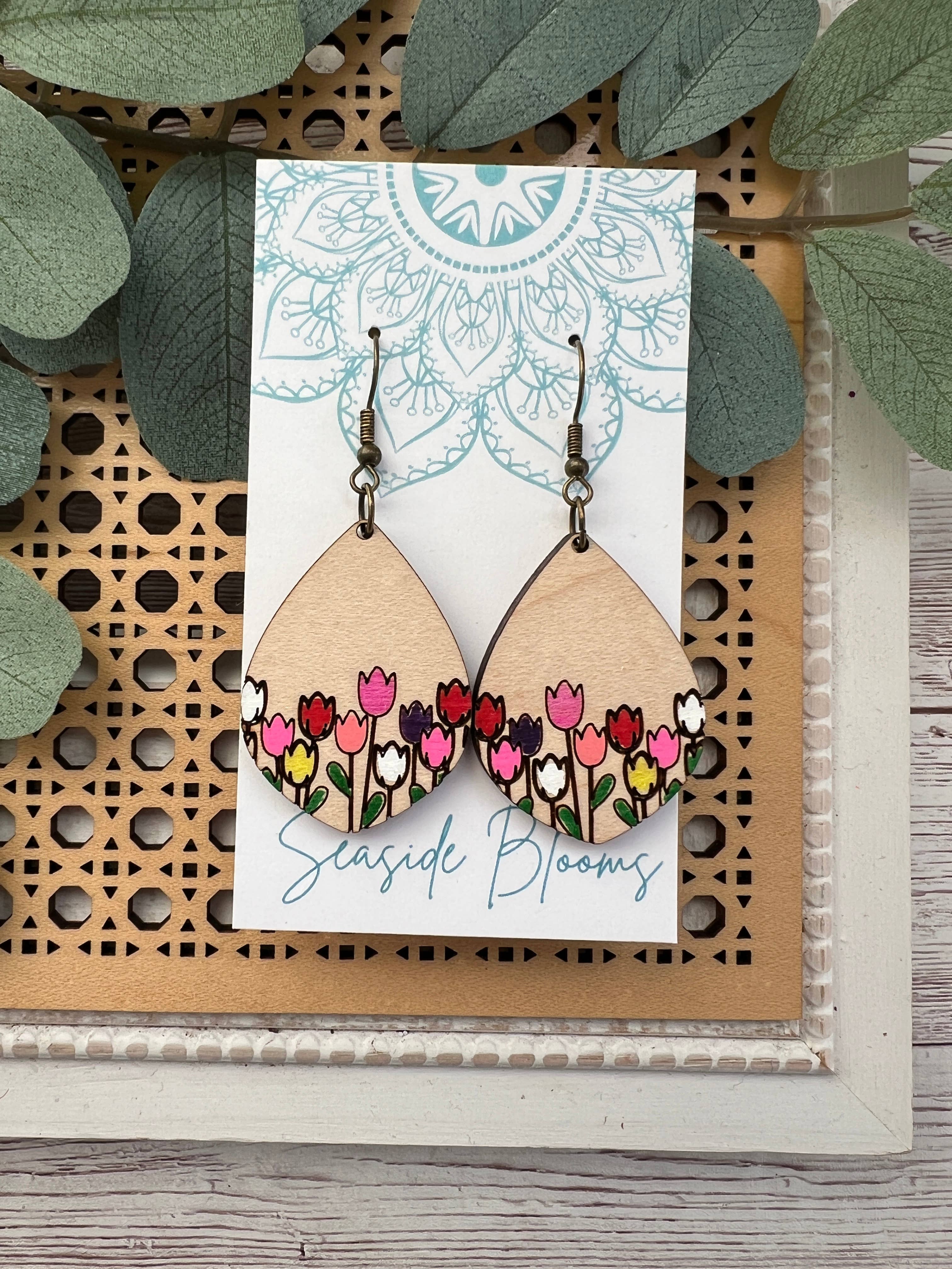 Tulip hand painted light weight wood earrings 