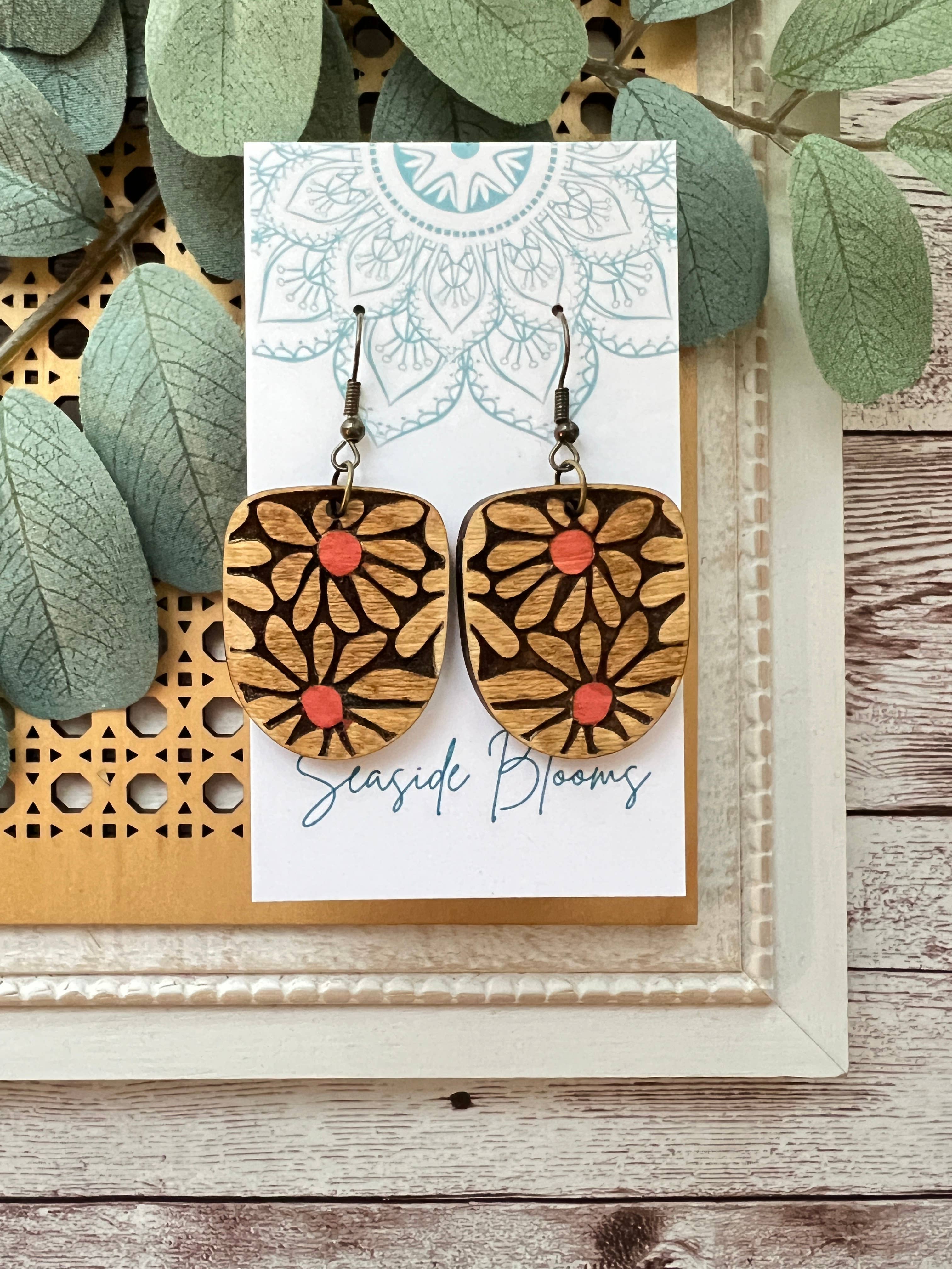 Boho hand painted flower maple wood earrings