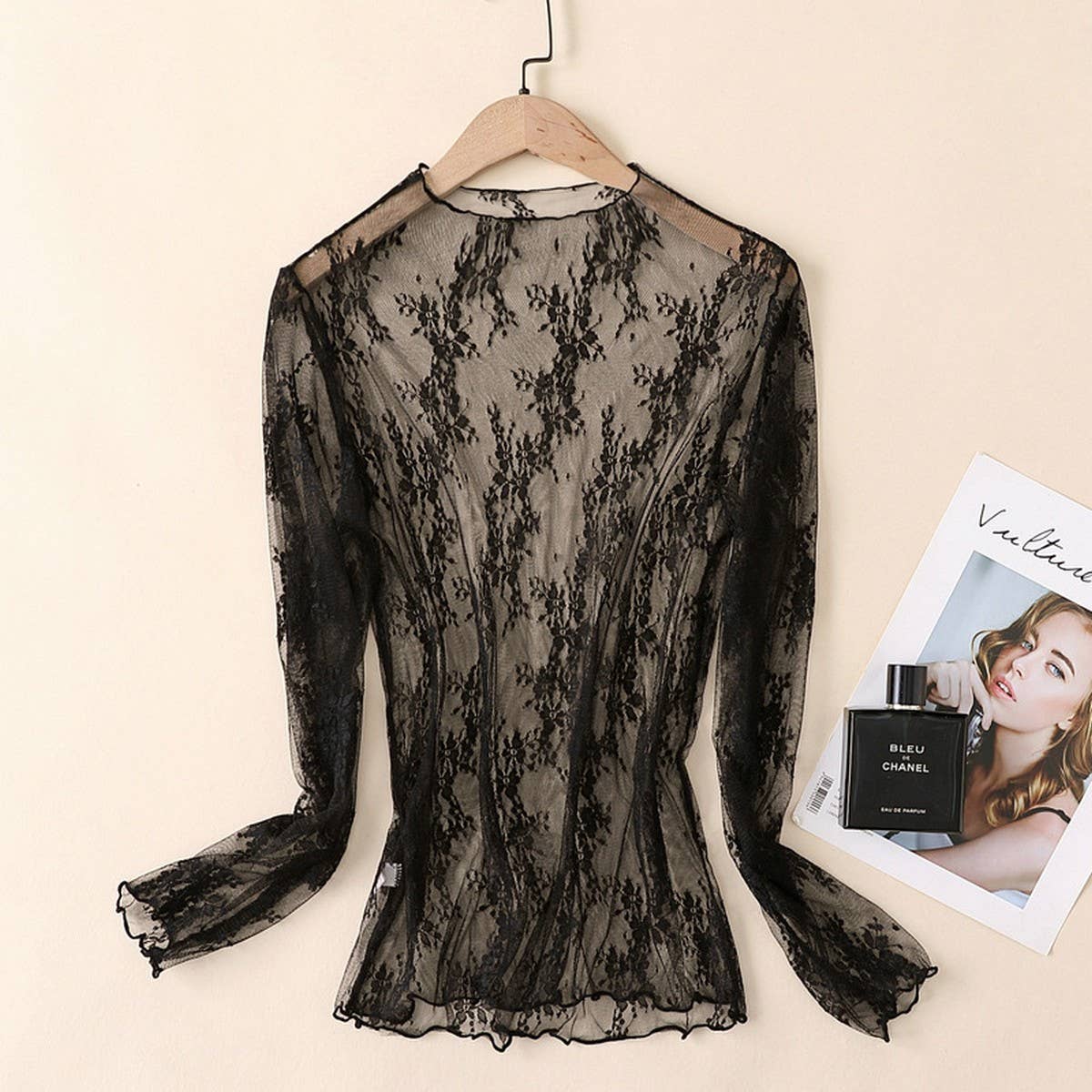 Floral Mesh Long Sleeve Lace Top (S-XL)(Multiple Color Options)