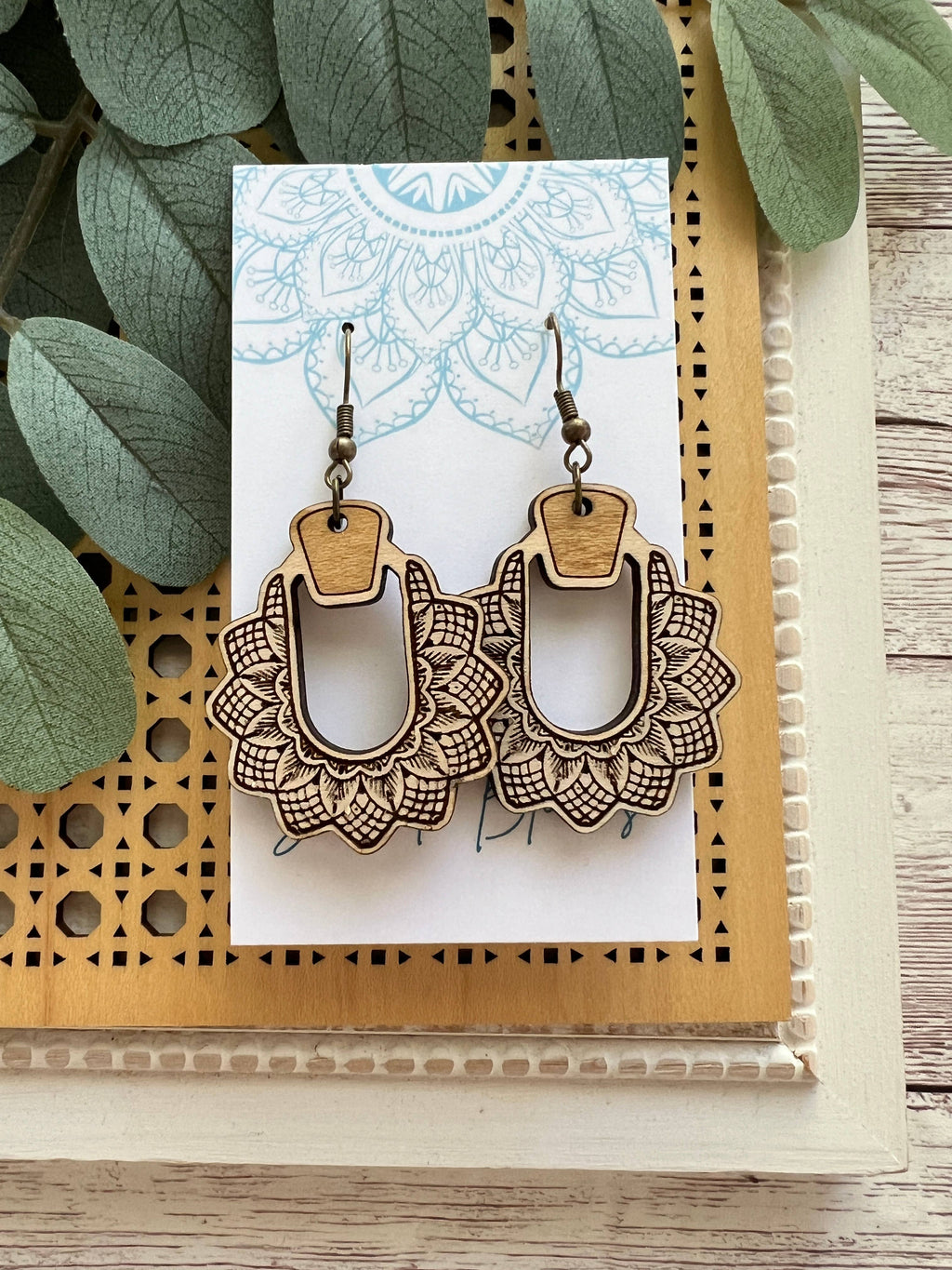 Boho hand painted lightweight maple wood earrings 