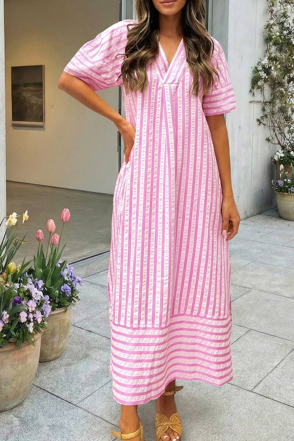 Stripe V-Neck Short Sleeve Long Dress (S-XL)