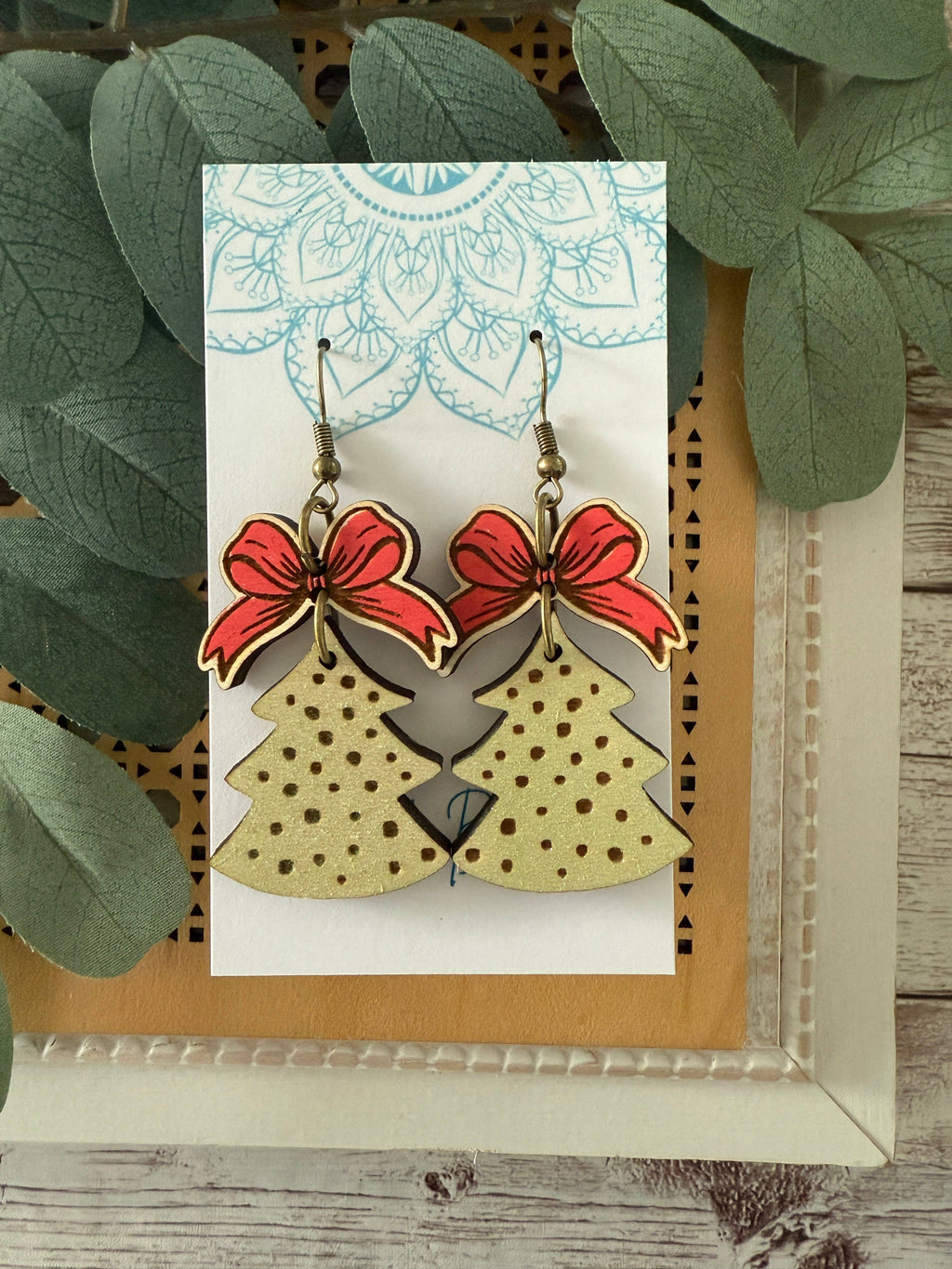Christmas tree hand painted maple wood earrings