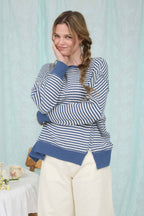 STRIPE EXPOSED SEAM SPLIT HEM LONG SLEEVE KNIT TOP (S-L)