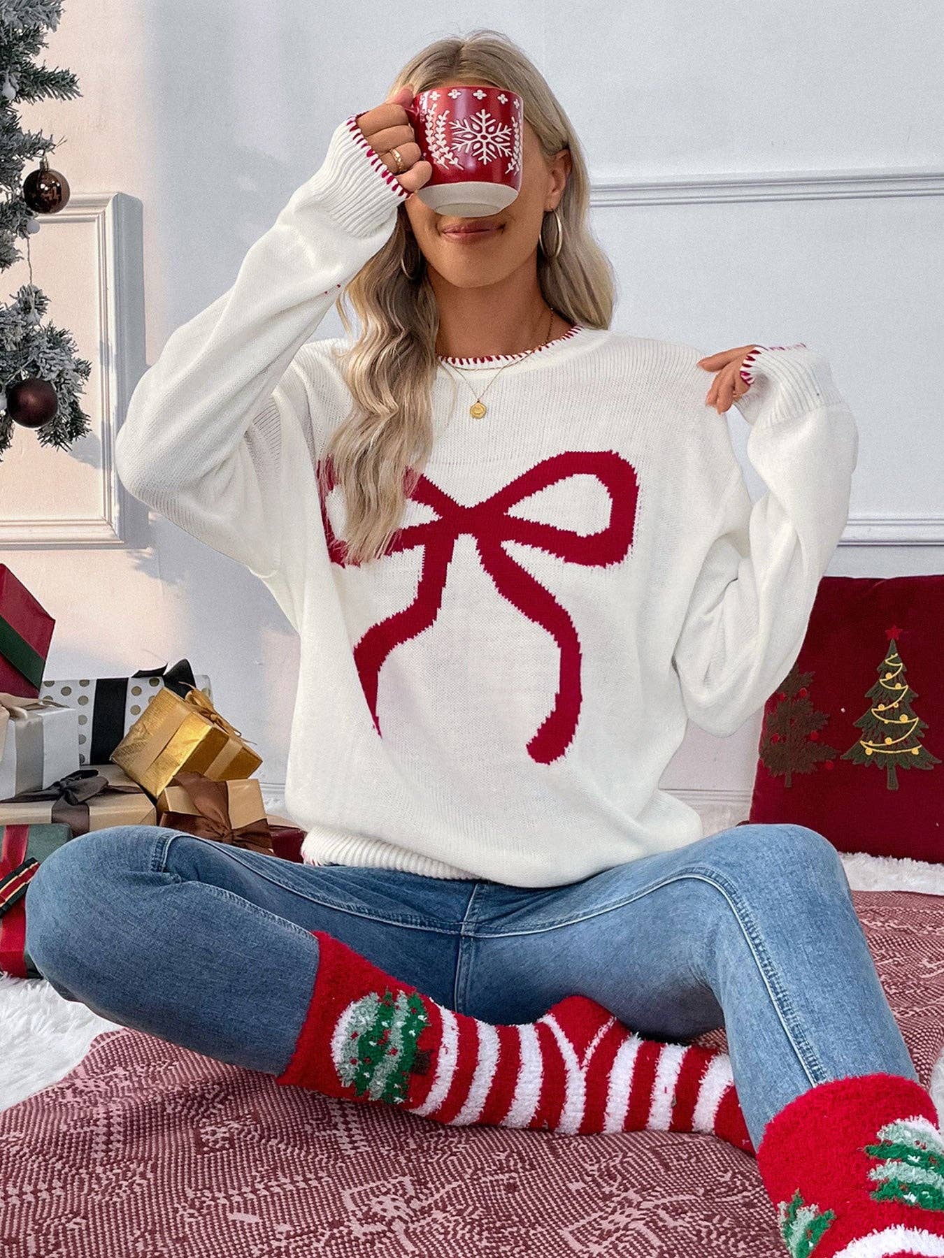 Bow Knit Sweater Holiday Pullover (S-XL)