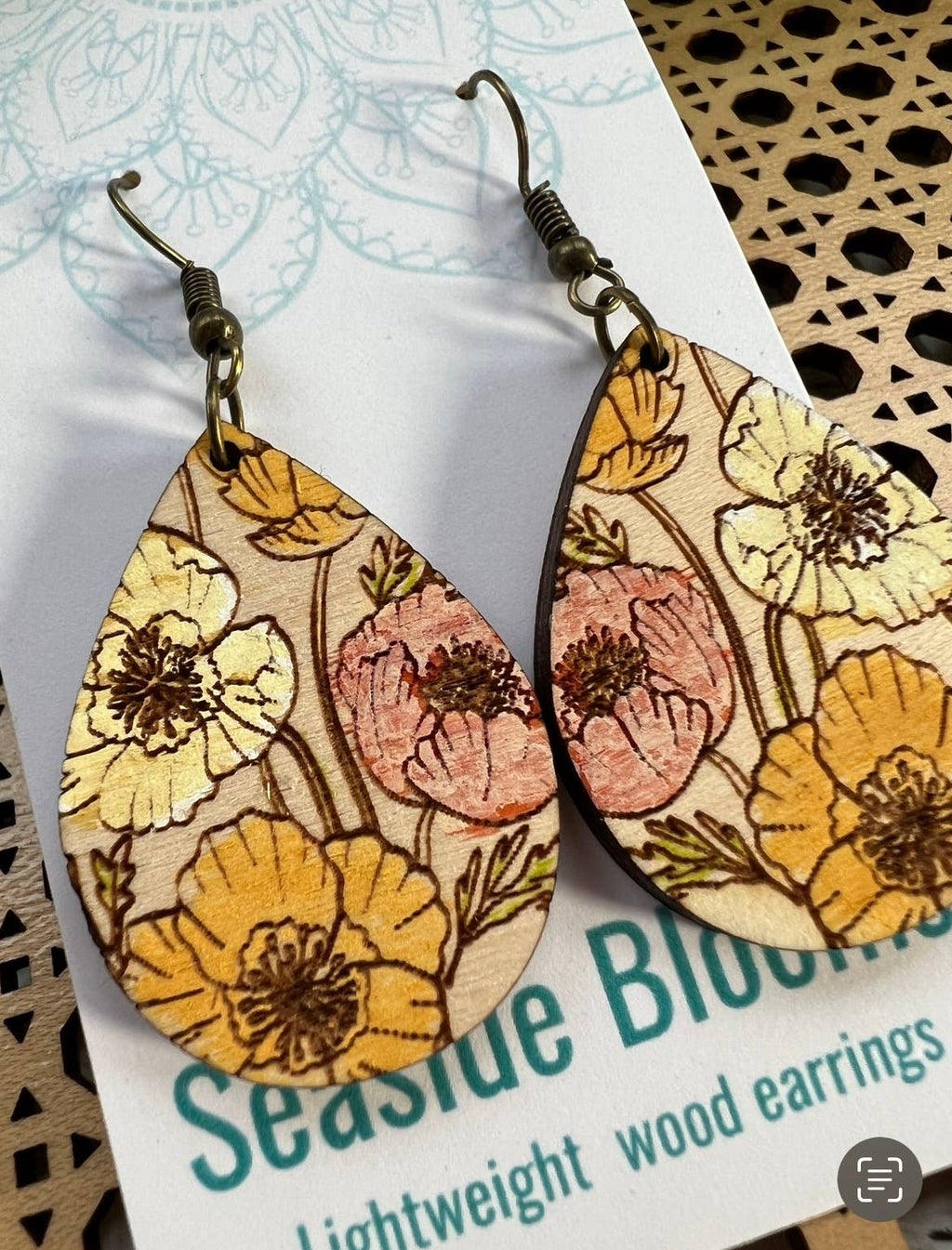 Boho floral hand painted maple wood floral earrings