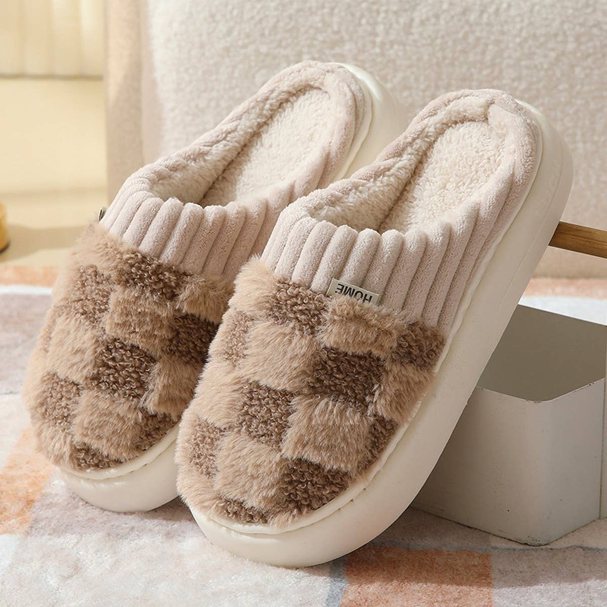 Checkered Fuzzy Warm Slippers (3 Color Options)