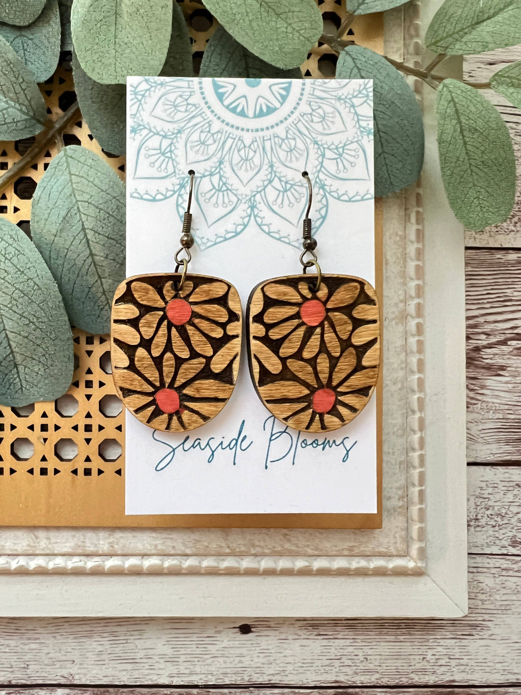 Boho hand painted flower maple wood earrings