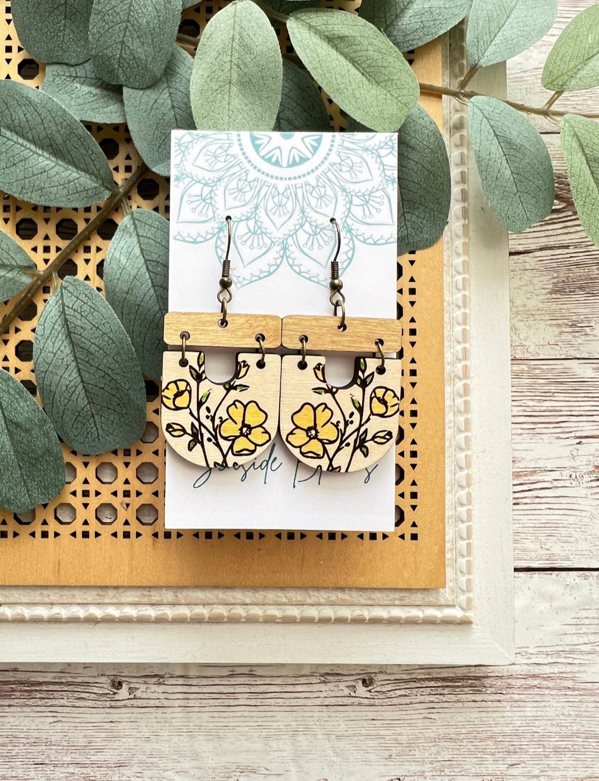 Flower hand painted light weight wood earrings 