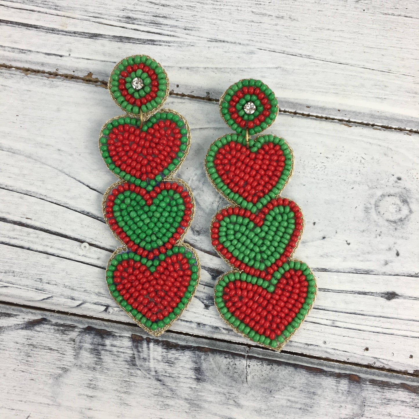 Beaded 3 heart stacked Christmas earrings