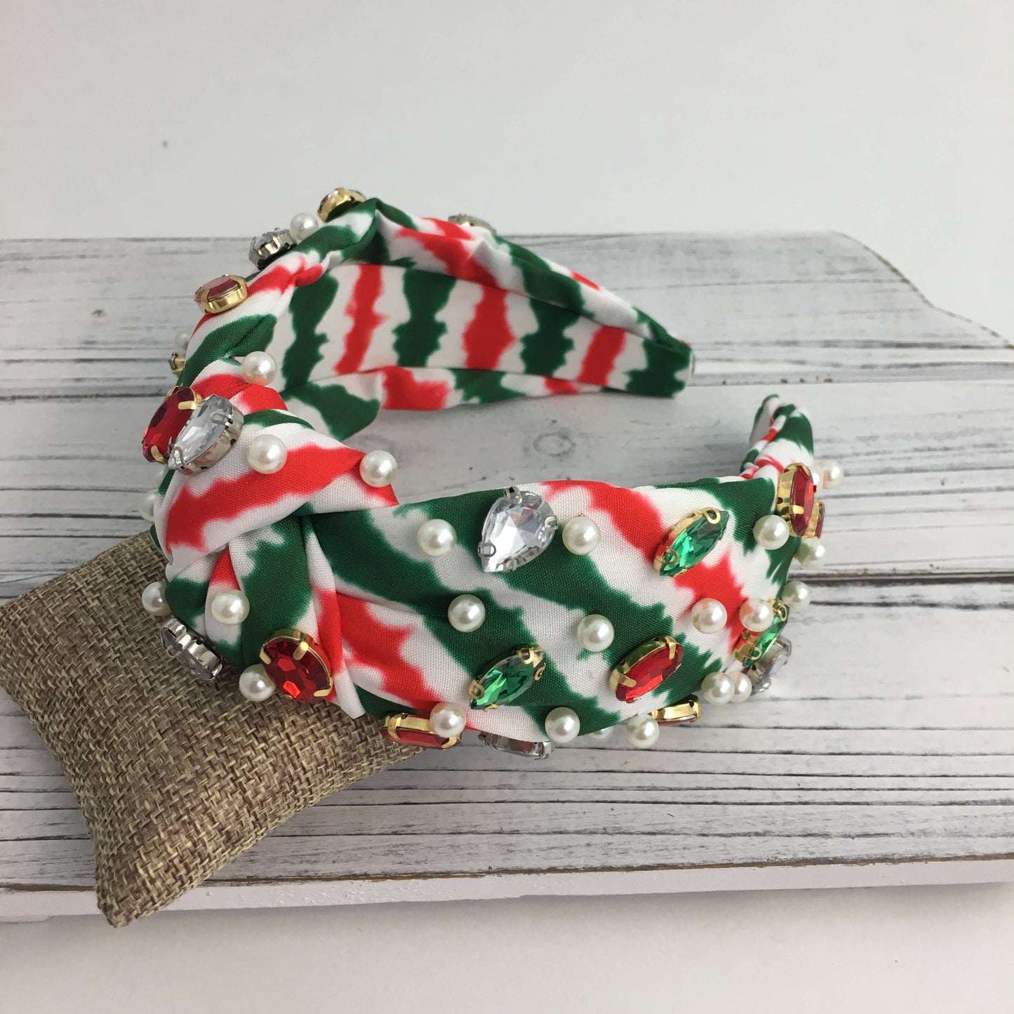 Christmas striped stone/ pearl knot headband