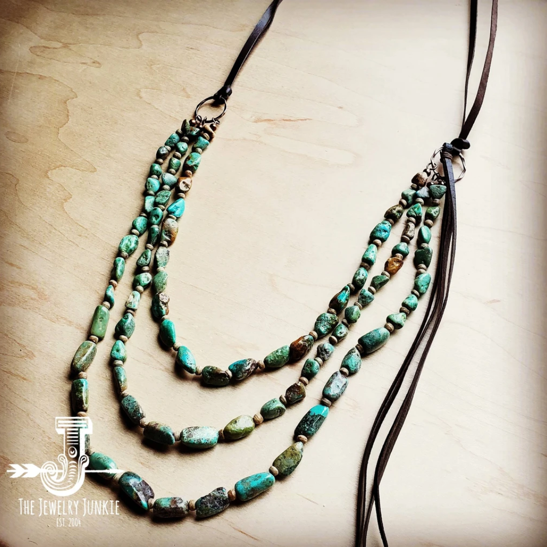 Jewelry Junkie-Long Triple Strand Natural Turquoise & Wood Necklace w/ Tassel
