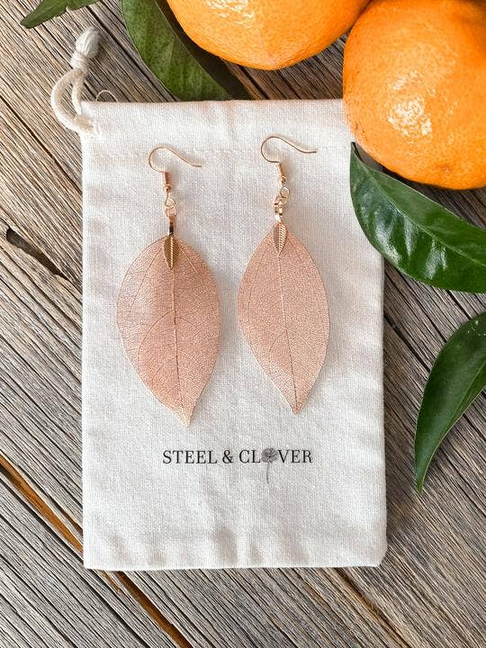 Steel & Clover - Rose Gold Real Leaf Earring