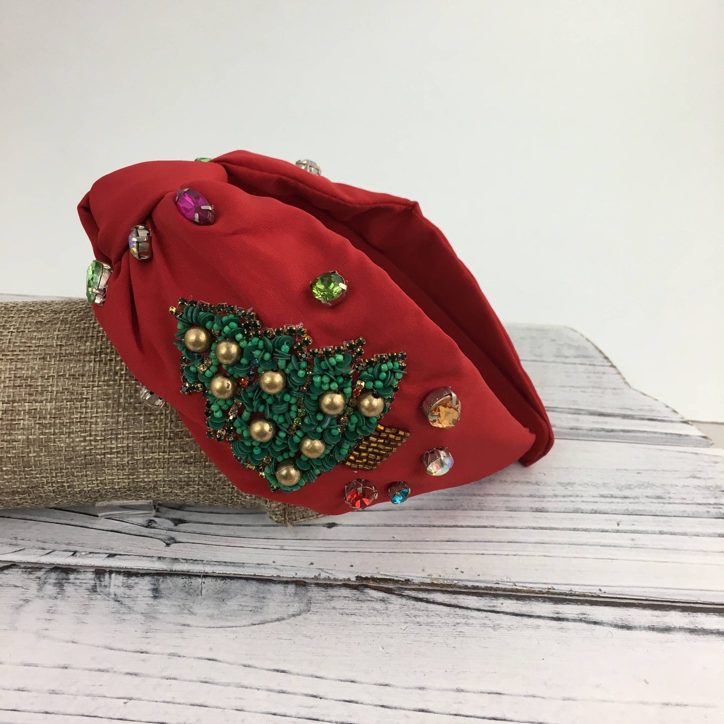 Christmas Tree Bead Stone Knot Headband Red